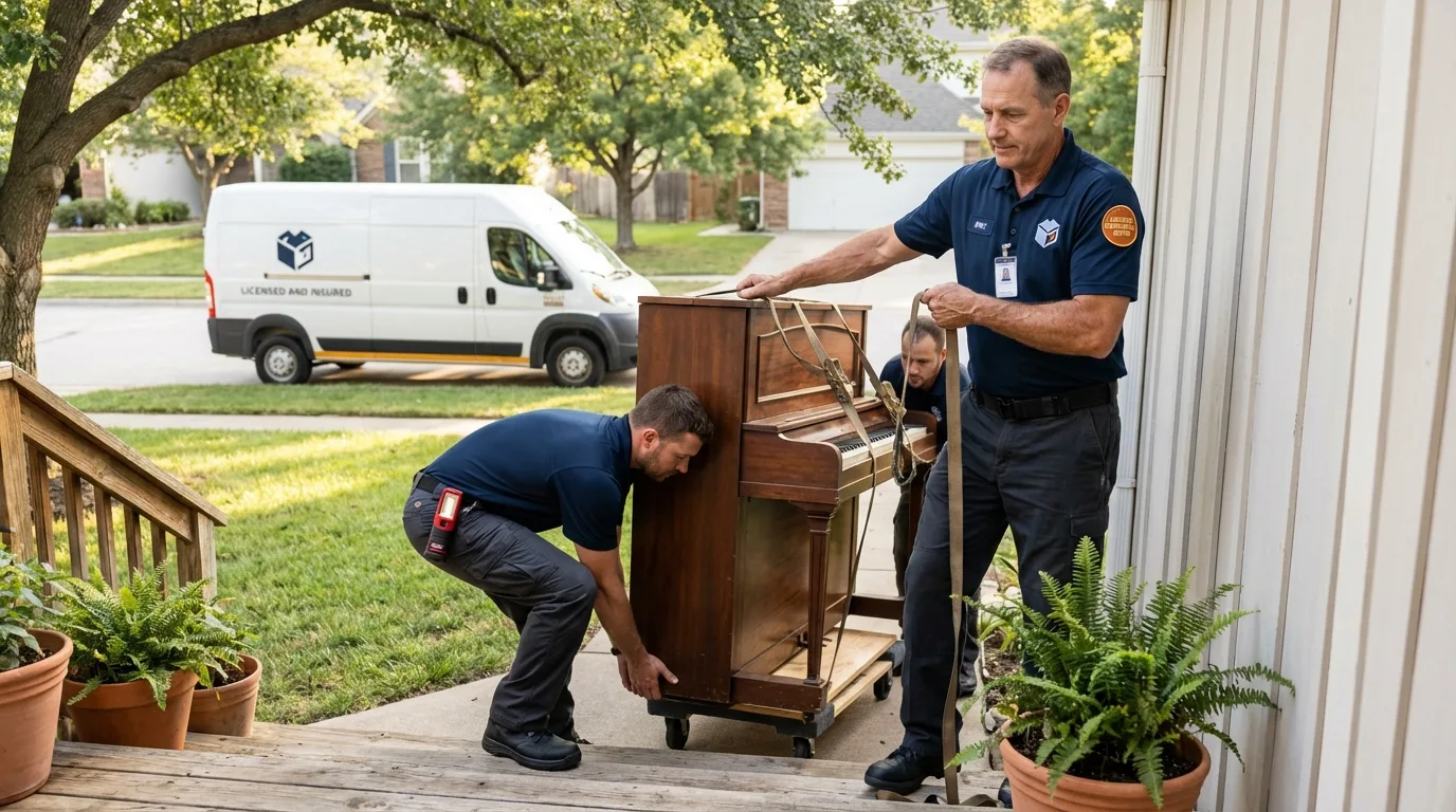 Licensed piano movers securing grand piano in Sumter, SC