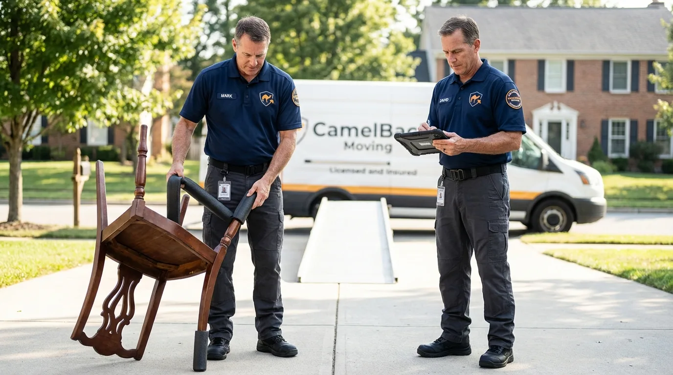 Movers inspecting furniture for damage prevention before loading in Sumter, SC