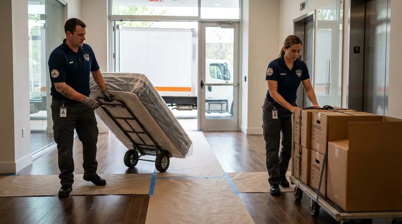 Professional apartment movers loading elevator in Sumter, SC